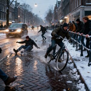 Amsterdam glibbert en glijdt door de stad: “het is chaos!”