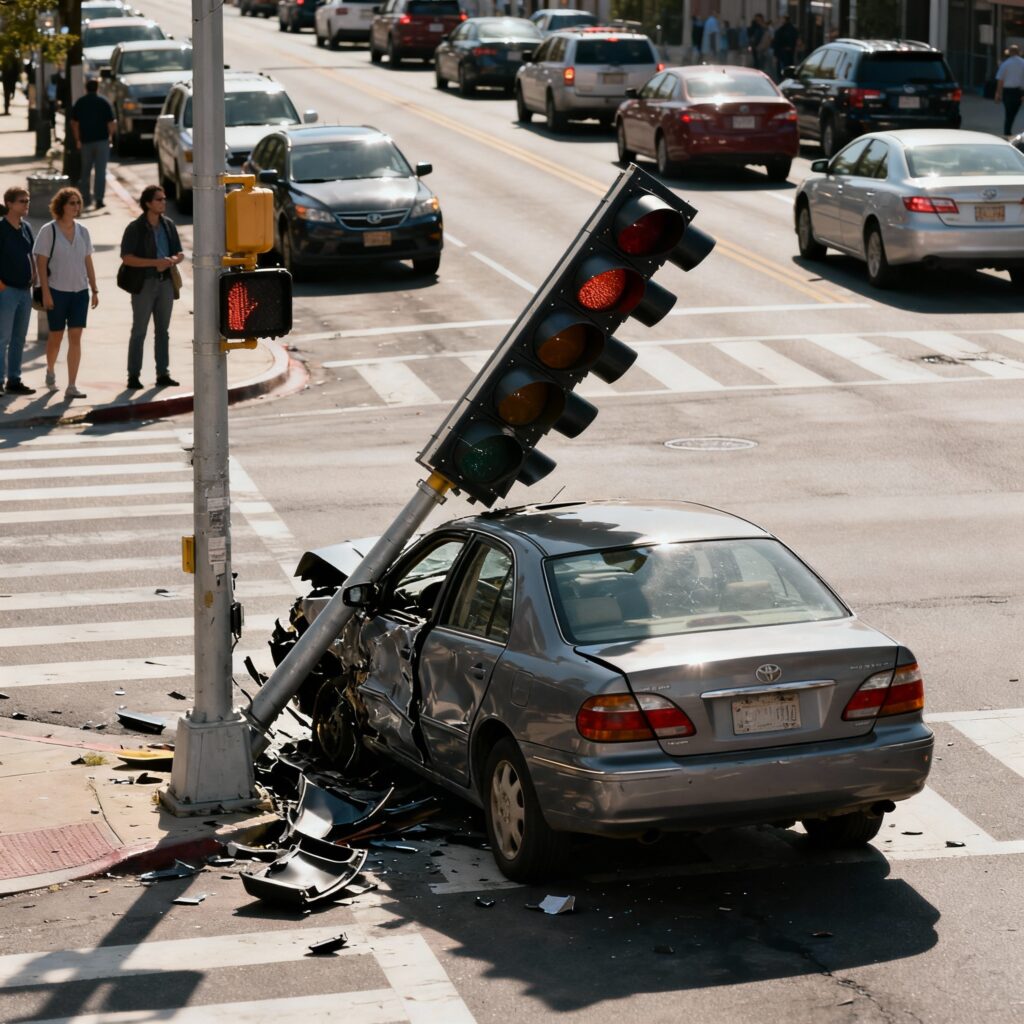 Auto rijdt stoplicht omver op druk kruispunt in rotterdam