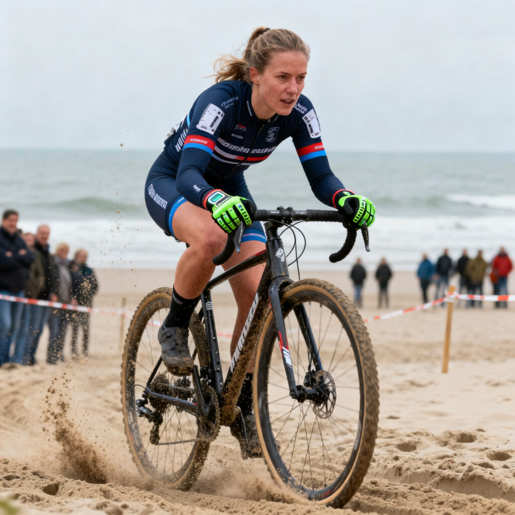 Tessa neefjes klaar voor koude strandrace egmond-pier-egmond met elektrische handschoenen