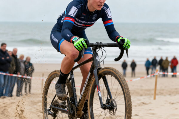 Tessa neefjes klaar voor koude strandrace egmond-pier-egmond met elektrische handschoenen