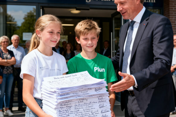 Evi en pleun overhandigen handtekeningen aan mark marshall voor gevaarlijke kruising